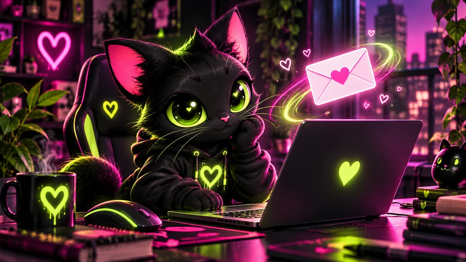 The BUOKO cat at a desk as a glowing email flies out of the laptop
